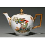 A Meissen, Marcolini bullet teapot and cover, late 18th c, with gilt bud knop, angular handle and