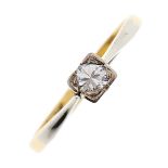 A diamond solitaire ring, square set in gold marked 18ct, 1.6g, size J Good condition