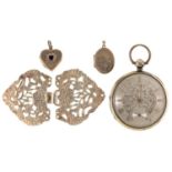 A Victorian silver lever watch, with engraved dial, 47mm, London 1851, two silver lockets and a