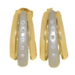 A pair of diamond and two colour gold earrings, 19mm, 7.5g Slightly scratched