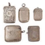 Five silver vesta cases, Victorian-George V, 36-50mm, 3ozs 15dwts Festoon engraved example