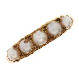 A pearl ring, in gold marked 18ct, 4.3g, size M One pearl holed and probably replaced