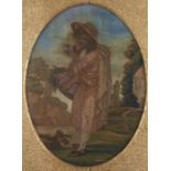 A George III oval silk picture of a girl with a basket of roses, c1810, worked in silk and wool in a