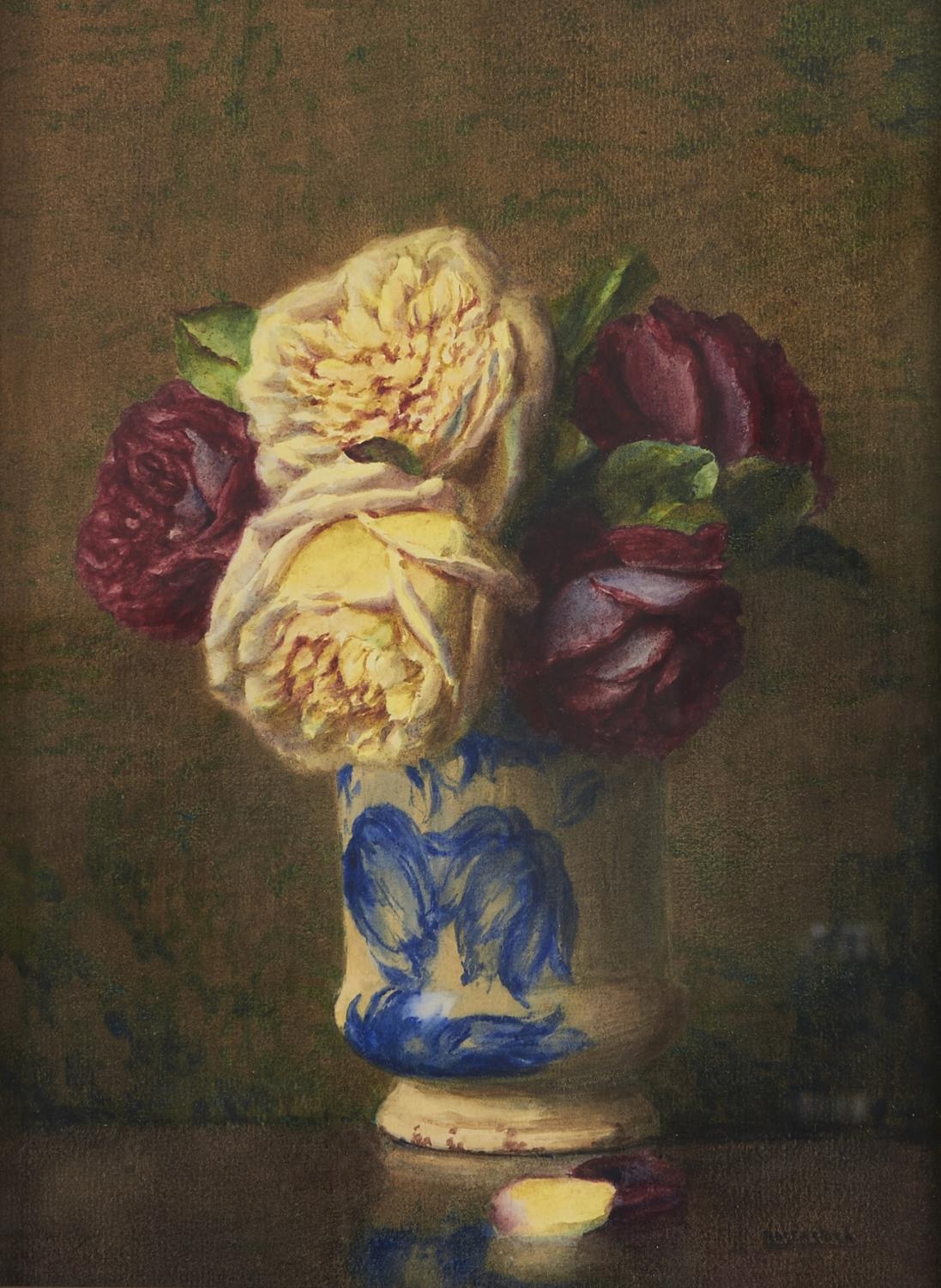 Isidore Rosenstock (1880 - ) - Roses in a Blue and White Jar, signed, watercolour, 33.5 x 24cm
