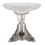 A Victorian EPNS fruit stand, c1870, supported by three swans with a floral engraved glass dish,