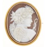 A cameo, 19th c, the oval shell carved with the head of Mercury, set in a gold brooch with gold