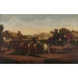 English School, 19th century - Changing the Horses,  with indistinct signature and date 184-, oil on