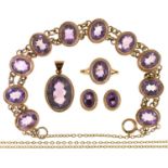An amethyst suite, comprising bracelet, pendant, ring or earrings, in 9ct gold, bracelet 14cm,