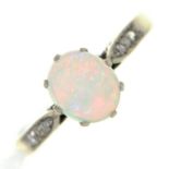 An opal ring with diamond shoulders, in platinum coloured metal, 2.2g, size M Opal scratched,