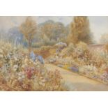 F Evans (Fl. early 20th c) - Herbaceous Borders in a Walled Garden, signed, watercolour, 36 x 52cm