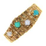 A split pearl and turquoise ring, in 9ct gold, bark textured, London 1967, 3.4g, size M Light wear