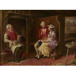 Victorian School - Interior of an Inn with Courting Couple and Innkeeper, signed with monogram (WM