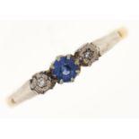 A sapphire and diamond ring, gold hoop marked 18ct & PT, 1.9g, size L Good condition