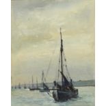 Mabel Wellman (exhibited 1920-1936) - Boats at Anchor, signed and inscribed on exhibition label