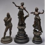 A pair of bronzed spelter statuettes after George Maxim - La Gloire and La Musique, ebonised