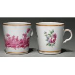 Two Doccia coffee cans, early 19th c,  bucket shaped, one painted in bright puce camaieu, the