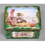 A French enamel casket, late 19th c, the lid painted with figures and ruins, in an idyllic