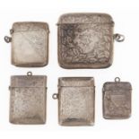 Five  silver vesta cases, Victorian-George V, 36-56mm, 4ozs 8dwts Smallest vesta case slightly