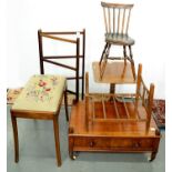 A Victorian mahogany whatnot base,  on turned legs fitted ceramic castors, a child's rail back