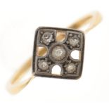 A diamond openwork ring, in gold marked 18ct, 2.4g, size K½ Hoop a little distorted and wear