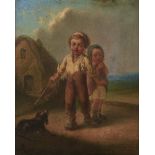 Attributed to J Delcour - Two Children with a Spaniel, oil on panel, 18.5 x 15.5cm Varnish dirty,