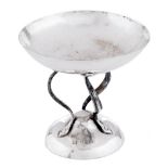 A George V art nouveau silver sweetmeat stand, on three whiplash legs and mammiform foot, 90mm h, by