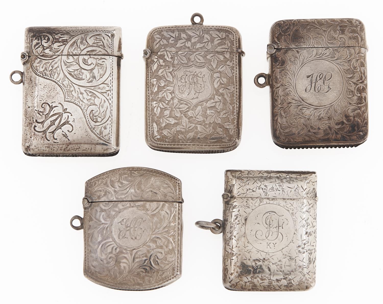 Five silver vesta cases, Victorian-George V, 48-51mm, 4ozs 3swts Good condition