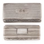 Two William IV silver snuff boxes, engine turned, with foliate chased thumbpiece, 68 and 76mm l,