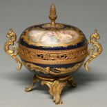 A French giltmetal mounted Sevres style pot pourri bowl and cover, late 19th c,  with grotesque