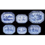 Three  Chinese export blue and white dishes, late 18th c, painted with landscape and flowers, 35.5-
