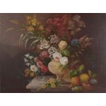 English School, 19th c - Still Life with Flowers in a Vase and Glass on a Marble Ledge with Fruit,