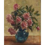 Harry Freckleton (1890-1979) - Still Life of Pink Roses in a Green Jug, oil on artist's board,