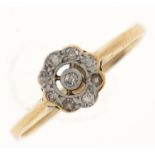 A diamond cluster ring, in gold, apparently unmarked, 1.7g, size M Setting rubbed from wear