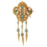 A turquoise and pearl brooch, late 19th c, in gold, of three circle and triangle design crested by a