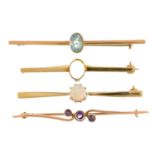 Four aquamarine, moonstone, opal and amethyst bar brooches, in gold or 9ct gold, 45-53mm l,