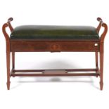 An Edwardian mahogany rosewood and inlaid duet stool, with hinged seat, 63cm h; 33 x 99cm Padded