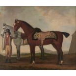 Naive Artist, early 19th c - Two Cavalry Horses Held by a Groom before an Encampment, oil on canvas,