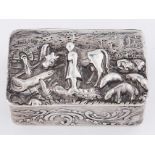 A German silver snuff box, the lid embossed in high relief with a milkmaid, 55mm l, by Simon