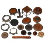 Fifteen Chinese and Japanese wood stands, two others, one of turned mahogany with brass gallery