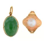 A cultured pearl ring, in gold marked 14k, size P and an oval jadeite cabochon pendant, mounted in