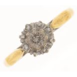 A diamond cluster ring, in 18ct gold, 2.7g, size N Much dirt; good condition