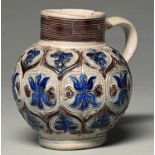 A German stoneware jug, Westerwald, c1700, of globular form with cylindrical neck, stamped with