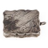 A Victorian silver vinaigrette, engraved with scrolling foliage, having conforming grille, by