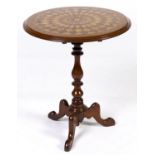 A Victorian mahogany and specimen wood tripod table, British or Colonial, c1870, with geometric