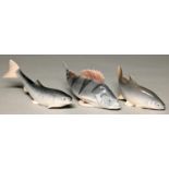 Three Royal Copenhagen models of fish, including trout, 20cm w and smaller, painted mark in