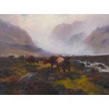Henry Robinson Hall (1859-1927) - Highland Cattle on the Moors Sutherlandshire, signed, signed again