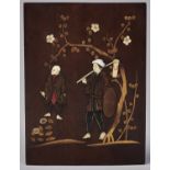 A Japanese wood, lacquer, bone and mother of pearl decorated panel, Meiji period, decorated in