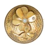 A French pearl, diamond and gold clover leaf brooch, of slightly concave, textured form with