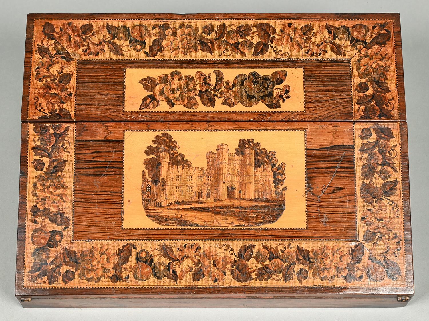 A Victorian Tunbridge ware writing slope, c1870, of rosewood, decorated with a mosaic view of Battle