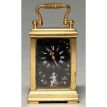 A French miniature brass and Limoges enamel carriage timepiece, c1900, the dial, sides and door